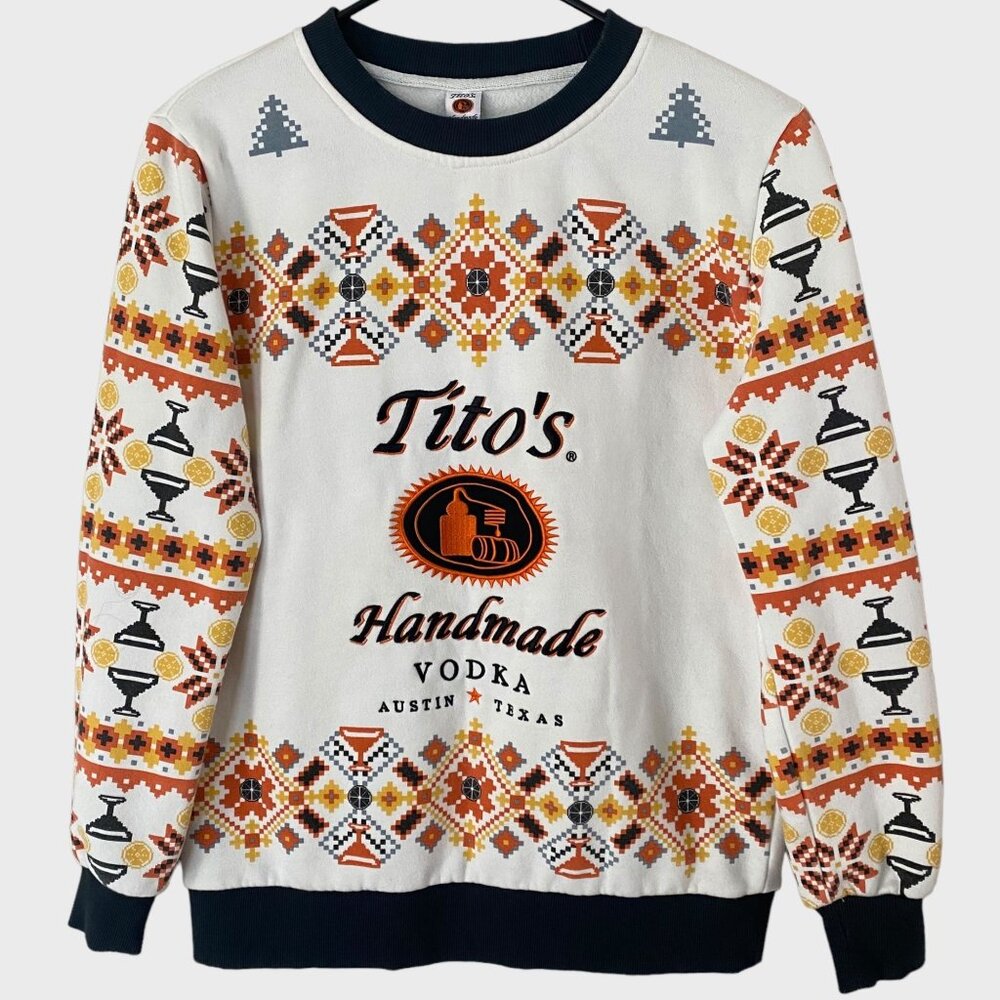 Tito's Vodka Embroidered Pullover Crewneck Holiday Sweatshirt White Men's Small
